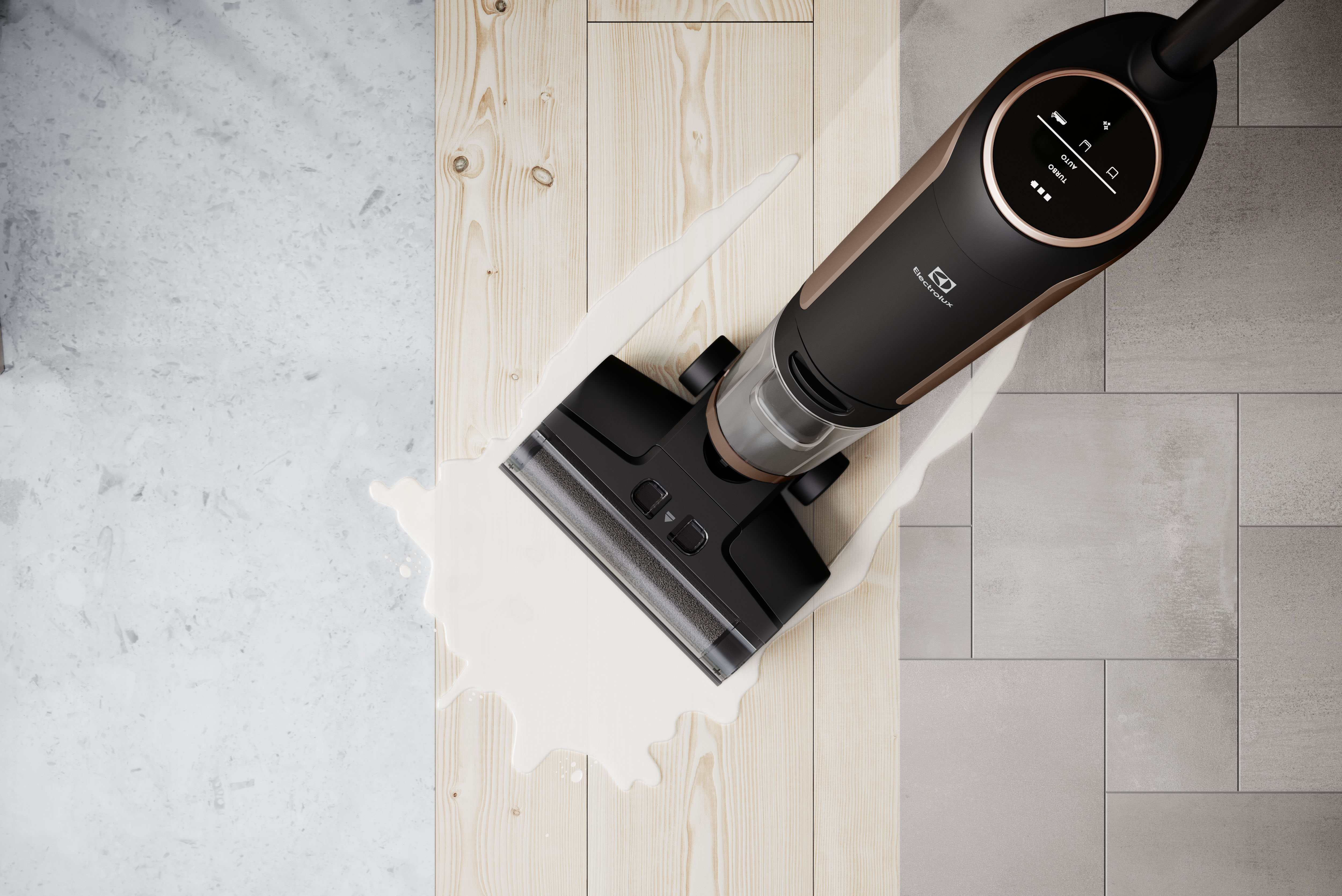 Electrolux cordless wet and dry vacuum on a wooden floor, CGI render